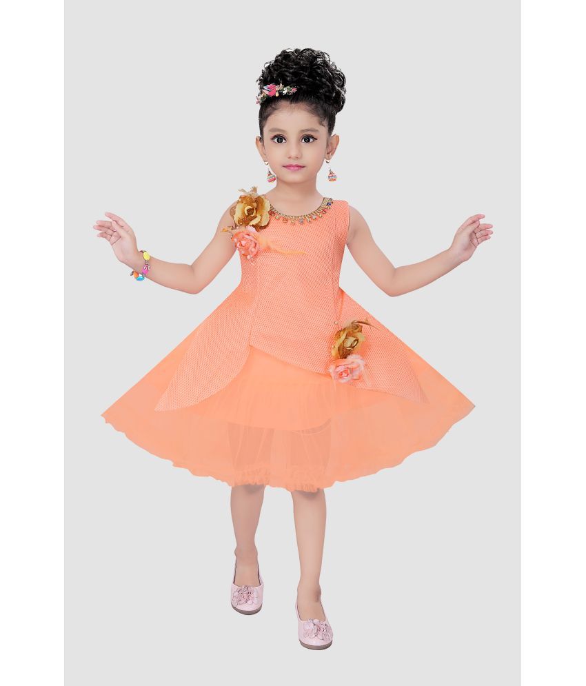     			9stiches - Light Orange Net Girls Fit And Flare Dress ( Pack of 1 )