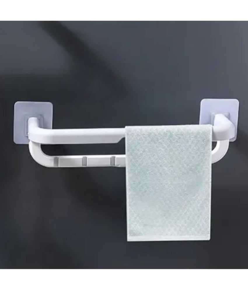     			BLUE HOME AND KITCHEN Plastic Self Adhesive Wall Mounted Double Towel Bar White with Hooks kitchen bathroom