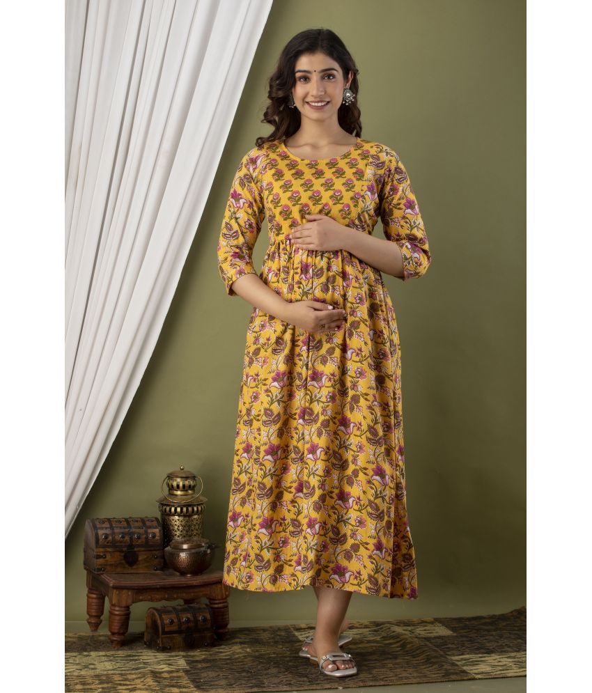     			HB CREATION1413 Yellow Cotton Maternity Kurta