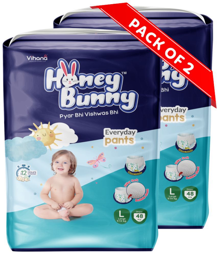     			Honey Bunny Pants Diapers L-96pcs (Pack of 2) Wetness Indicator,Silky Soft-Bubble sheet (9-14kgs)