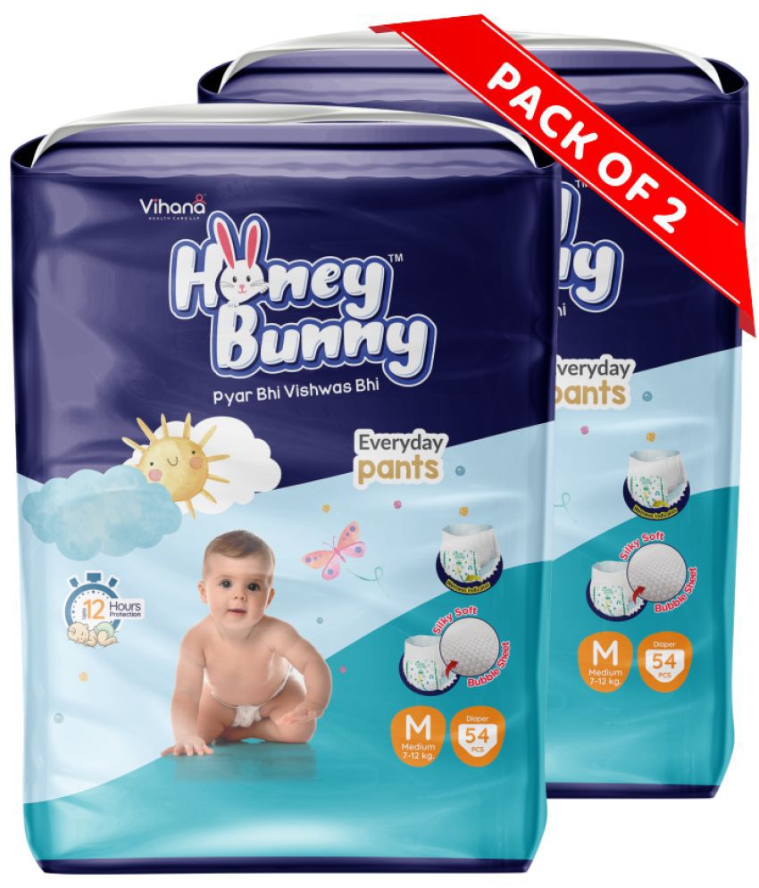     			Honey Bunny Pants Diapers M-108pcs (Pack of 2) Wetness Indicator,Silky Soft-Bubble sheet (7-12kgs)