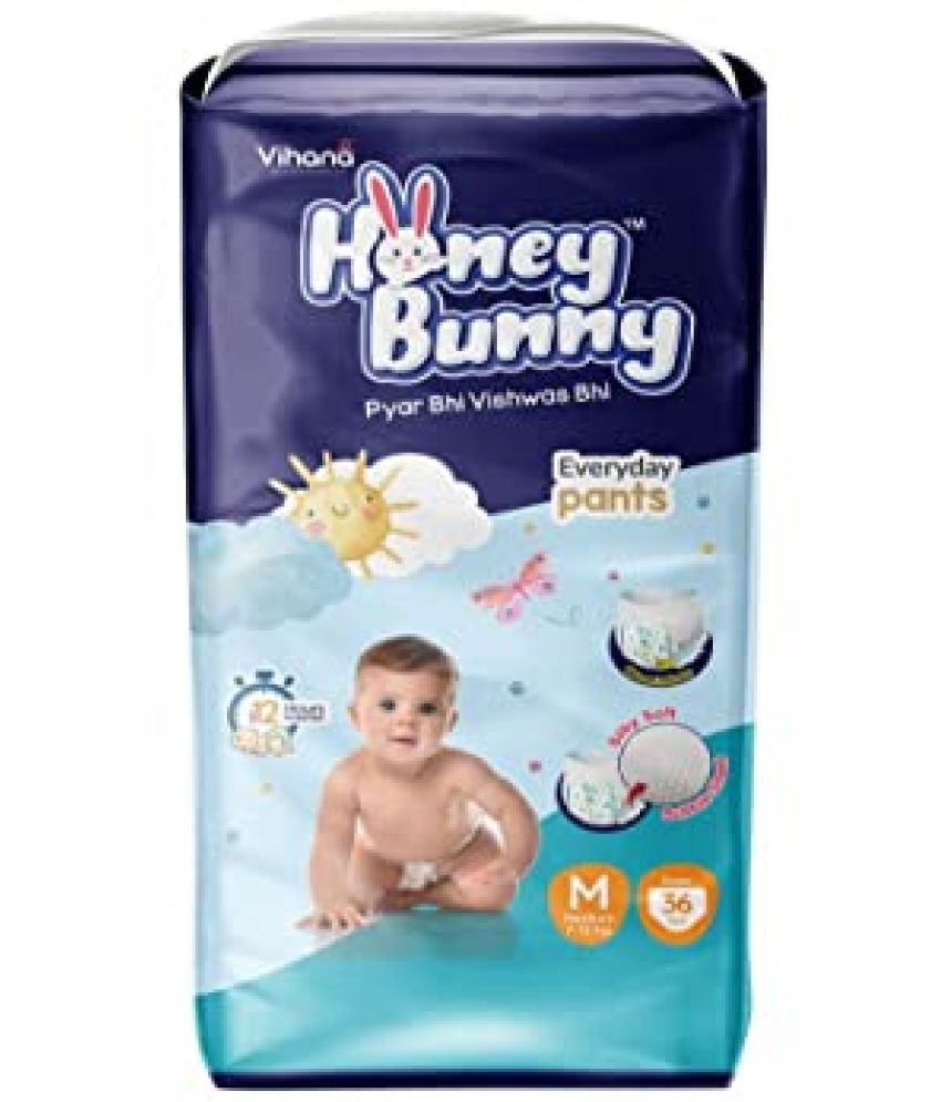    			Honey Bunny Pants Diapers M - 36 pcs with Wetness Indicator, Silky Soft - Bubble sheet (7-12 kgs)