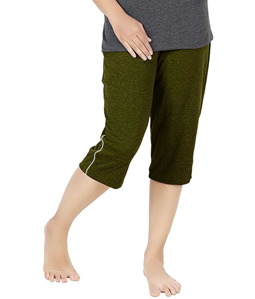     			Stylcozy Olive Cotton Blend Solid Capri - Single