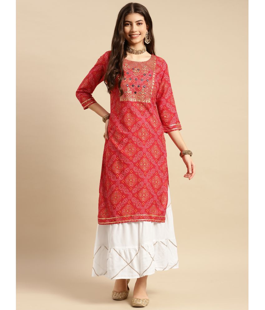    			Rangita Women Rayon Red Yoke Embroidery Bandhej Print Calf Length Partywear Straight Kurta With Sharara Set