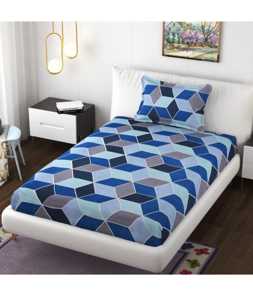     			Shaphio Microfiber Geometric Single Bedsheet with 1 Pillow Cover - Blue
