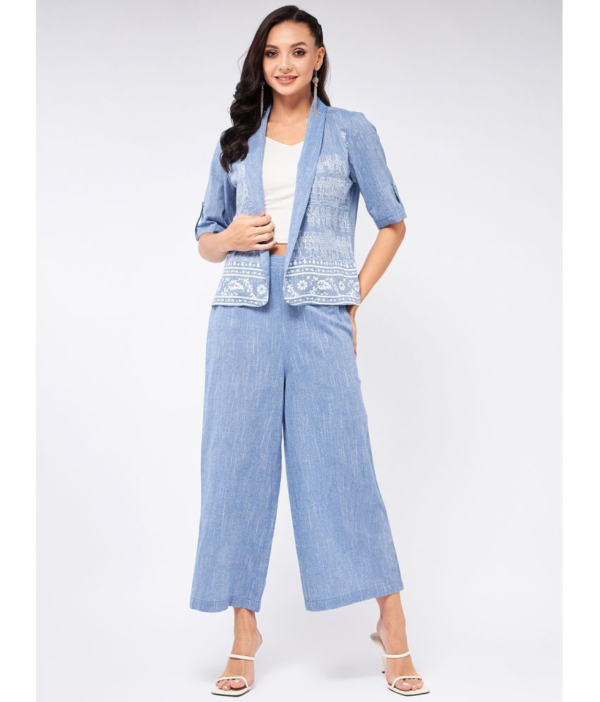     			Pannkh Women's Chambray Printed Blazer With Matching Pant Set