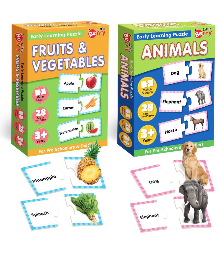     			Little Berry Fruits, Vegetables & Animals Learning Puzzle Bundle for Kids | 80+ Thick Puzzle Pieces, 40+ Self-Correcting 2-Piece Jigsaw Puzzles | 4 in 1 Educational Games for Toddlers, Ages 3 & Up