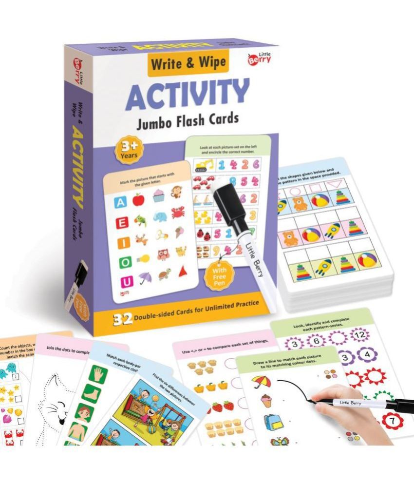     			Little Berry Jumbo Write and Wipe Flash Cards: Activity | 64 Brain-Boosting Activities for Toddlers | 32 Reusable Double-Sided Cards with Marker Pen | Gifts, Travel Toy & Preschool Learning for Ages 3 to 6