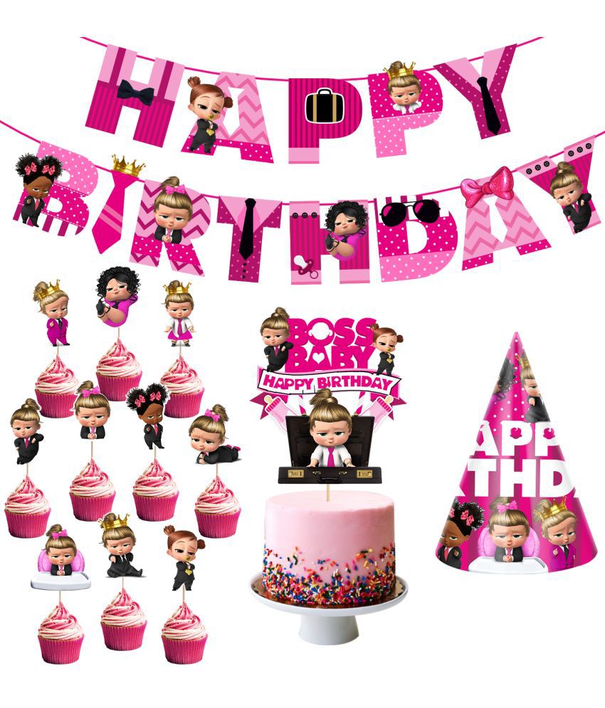     			Zyozi Baby Girl's Boss Happy Birthday Theme Party Supplies for Girls Baby Birthday Decorations Favors with Banner,Cake Topper ,Birthday Cap and Cup Cake Toppers(Pack of 13)