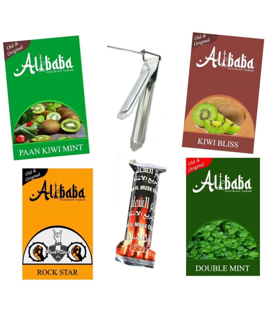     			Alibaba Hookah Flavors Paan Kiwi Mint, Kiwi Bliss, Rock Star, Double Mint With Coal And Chimta (Pack of 6)