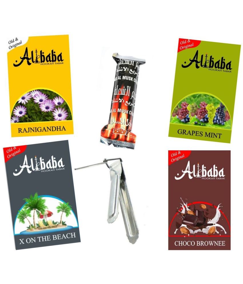     			Alibaba Hookah Flavors Rajnigandha, Grapes Mint, X On Beach, Choco Brownee With Coal And Chimta (Pack of 6 )