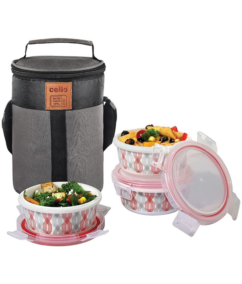     			Cello - Red Trellis Lunch,3Cont(300ml) Glass Lunch Box 3 - Container ( Pack of 1 )