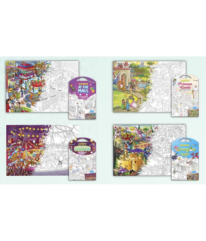     			GIANT AT THE MALL COLOURING POSTER, GIANT PRINCESS CASTLE COLOURING POSTER, GIANT CIRCUS COLOURING POSTER and GIANT DRAGON COLOURING POSTER | Gift Pack of 4 Posters I perfect gift for children