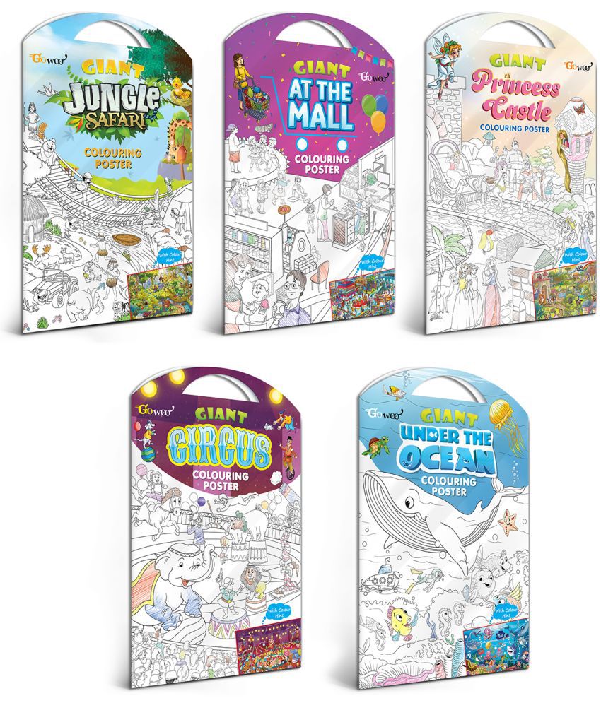     			GIANT JUNGLE SAFARI COLOURING POSTER, GIANT AT THE MALL COLOURING POSTER, GIANT PRINCESS CASTLE COLOURING POSTER, GIANT CIRCUS COLOURING POSTER and GIANT UNDER THE OCEAN COLOURING POSTER | Combo pack of 5 Posters I Coloring posters for kids