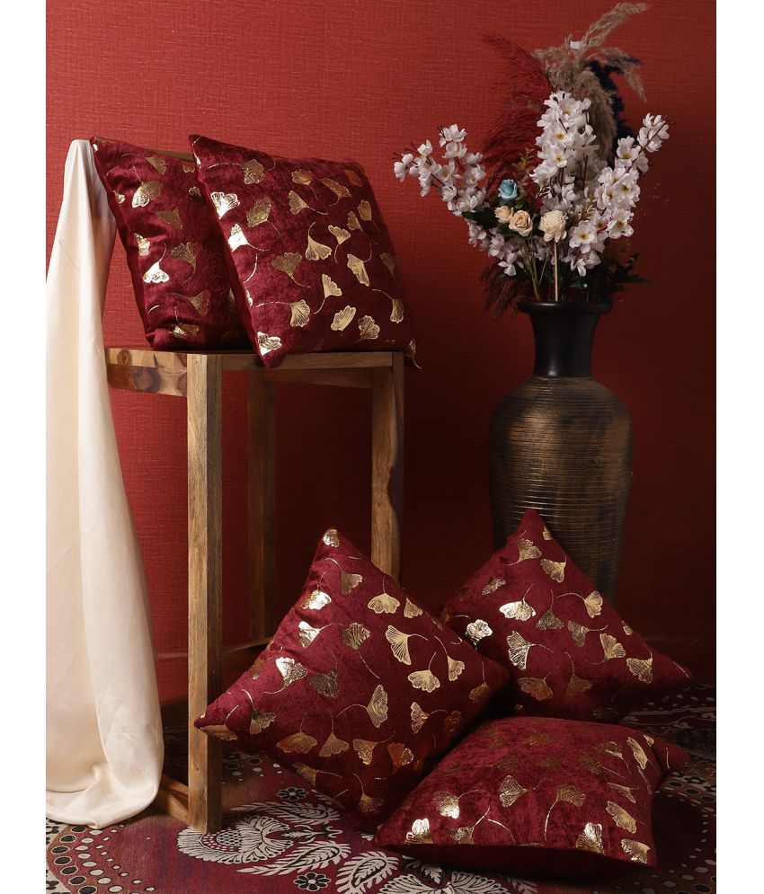    			HOMETALES Set of 5 Polyester Floral Square Cushion Cover (40X40)cm - Maroon