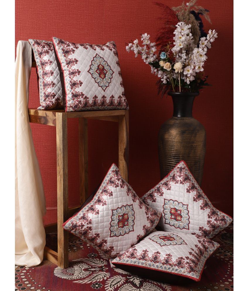     			HOMETALES Set of 5 Velvet Ethnic Square Cushion Cover (40X40)cm - White