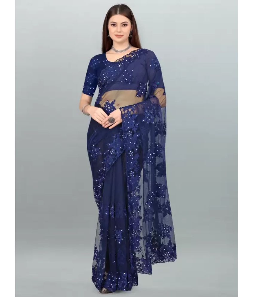     			Aika - Navy Blue Net Saree With Blouse Piece ( Pack of 1 )