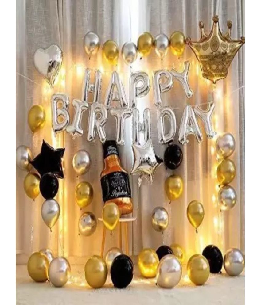     			Devdrishti Products Happy Birthday Decoration Pack Kit Includes 1 Happy Birthday 1 Silver Star 1 Silver Heart 1 Black Star 1 Crown 1 Bottle & 36 Balloons (Pack Of 42)