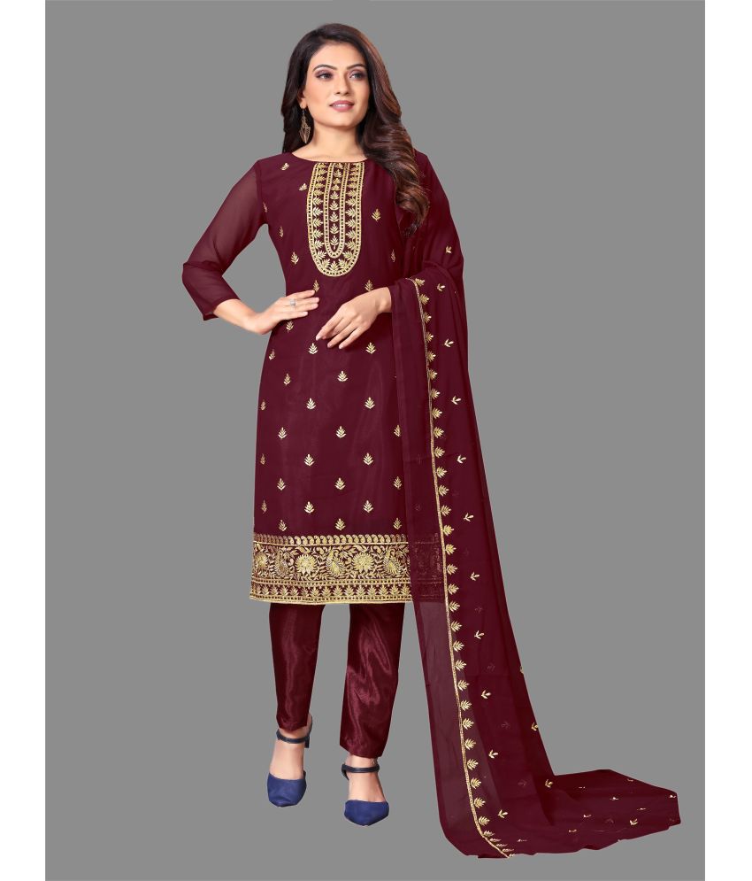     			JULEE - Unstitched Maroon Georgette Dress Material ( Pack of 1 )