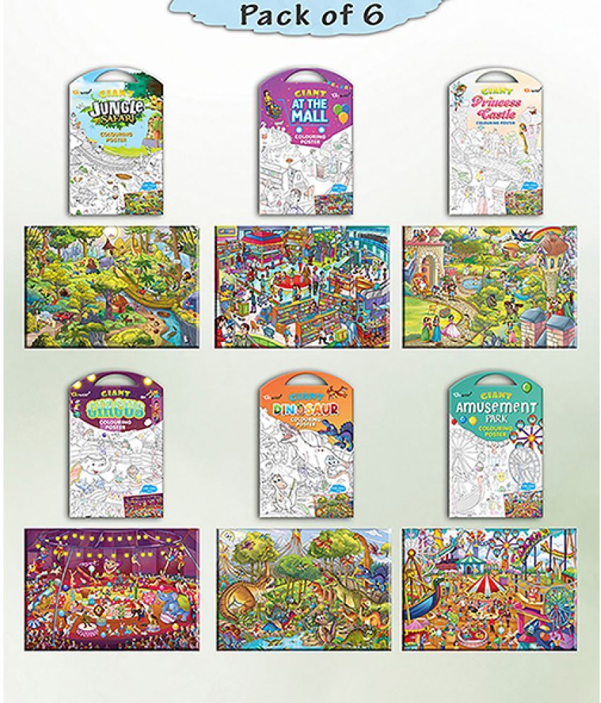     			GIANT JUNGLE SAFARI COLOURING , GIANT AT THE MALL COLOURING , GIANT PRINCESS CASTLE COLOURING , GIANT CIRCUS COLOURING , GIANT DINOSAUR COLOURING  and GIANT AMUSEMENT PARK COLOURING  | Pack of 6