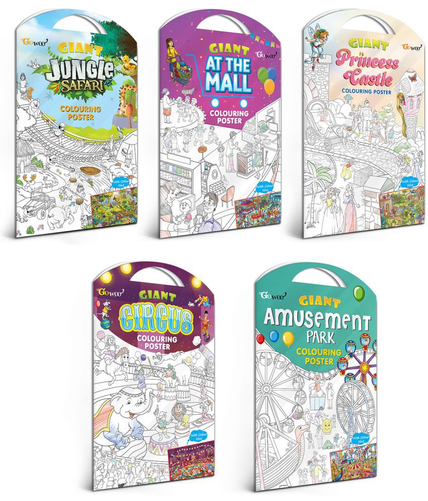     			GIANT JUNGLE SAFARI COLOURING POSTER, GIANT AT THE MALL COLOURING POSTER, GIANT PRINCESS CASTLE COLOURING POSTER, GIANT CIRCUS COLOURING POSTER and GIANT AMUSEMENT PARK COLOURING POSTER | Combo of 5 Posters I Great for school students and classrooms