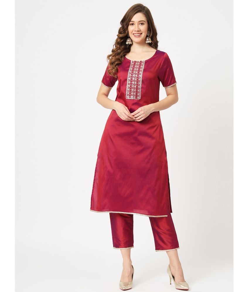     			Pannkh Women's Festive Embroidered Round Neck Kurta And Contrasting Pants