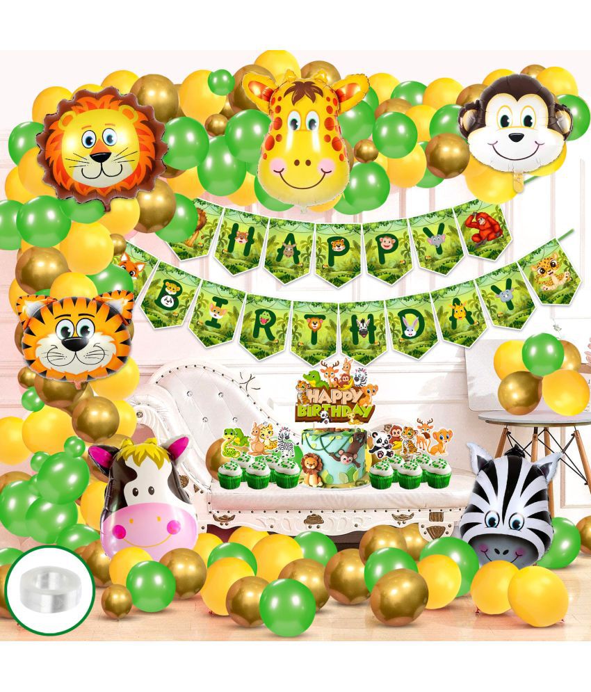    			Zyozi Jungle Safari Happy Birthday Decoration Kids,Animal Birthday Party Decoration Banner with Balloons, Cake Topper,Cup Cake Topper and Foil Balloons for Boy Birthday(Pack of 89) (Jungle Combo 3)