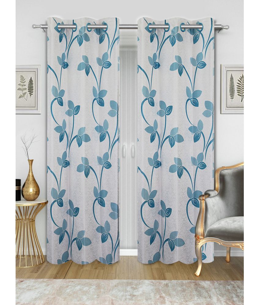     			Home Candy Floral Semi-Transparent Eyelet Curtain 7 ft ( Pack of 2 ) - Blue