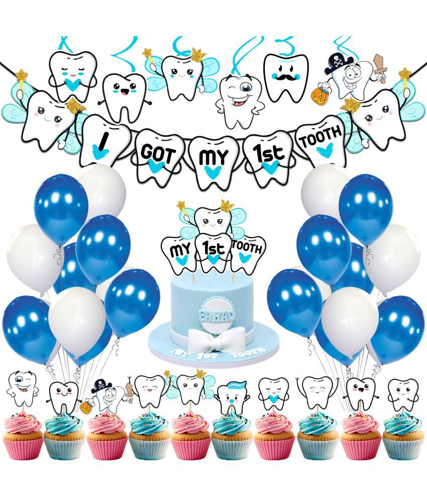     			Zyozi 43 Pcs -I Got My First Tooth Decoration/First Tooth Decoration/First Tooth Decoration Items for Baby/My First Tooth Decoration/-Colour Blue (Blue)