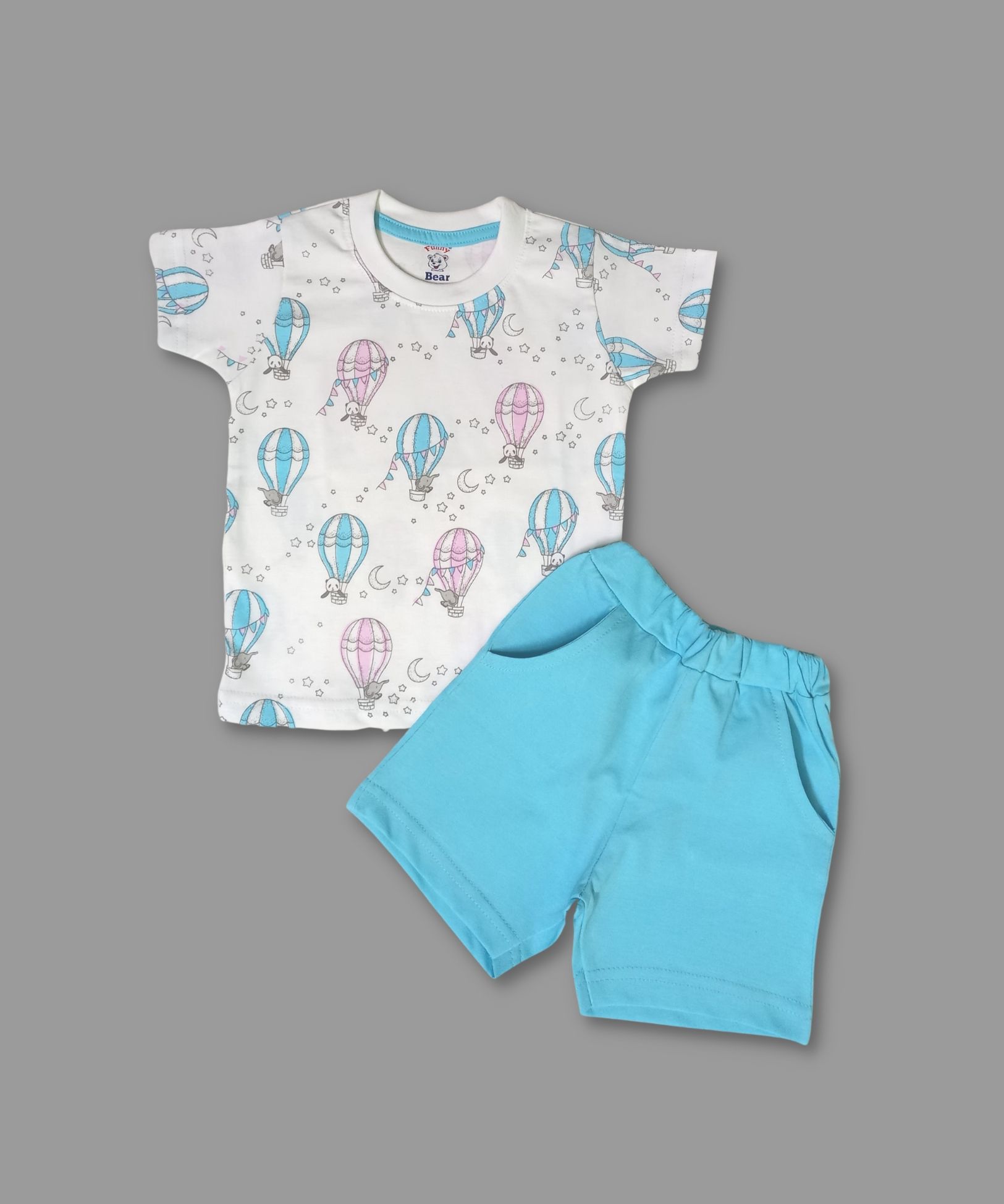     			Funny Bear Light Blue Cotton Baby Boy T-Shirt & Shorts ( Pack of 1 )