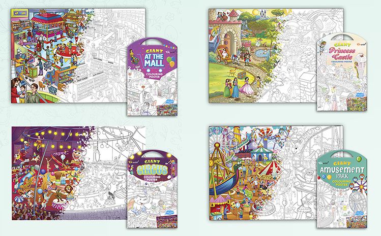     			GIANT AT THE MALL COLOURING POSTER, GIANT PRINCESS CASTLE COLOURING POSTER, GIANT CIRCUS COLOURING POSTER and GIANT AMUSEMENT PARK COLOURING POSTER | Pack of 4 Posters I Ultimate Coloring Posters Collection