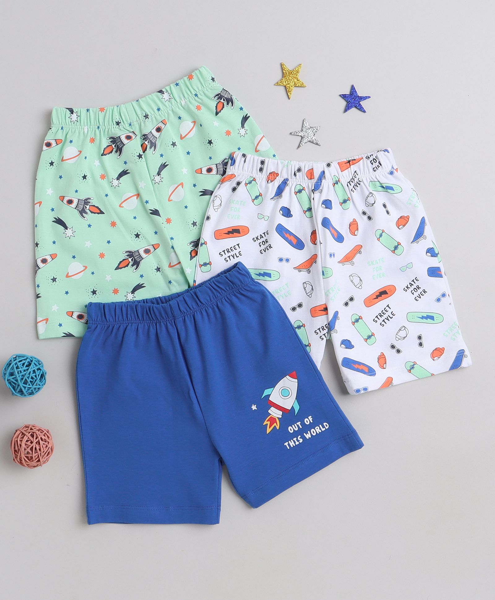     			BUMZEE Green & Blue Boys Shorts Pack Of 3 Age - 12-18 Months