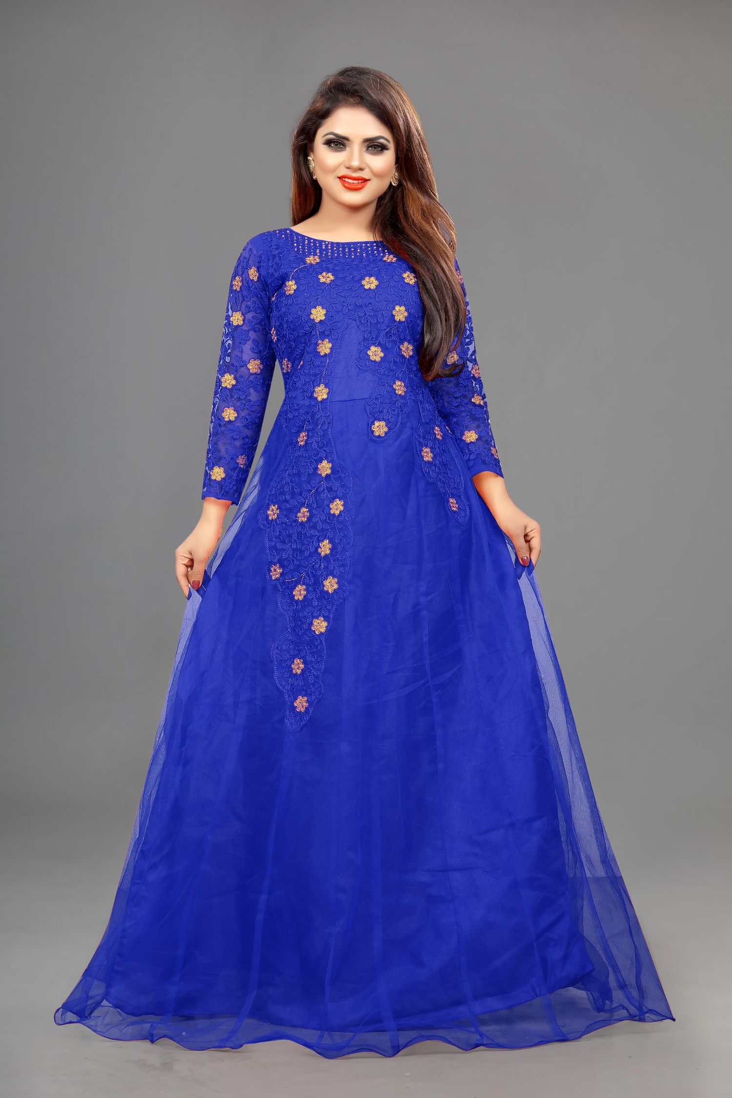     			JULEE - Blue Flared Net Women's Semi Stitched Ethnic Gown ( Pack of 1 )