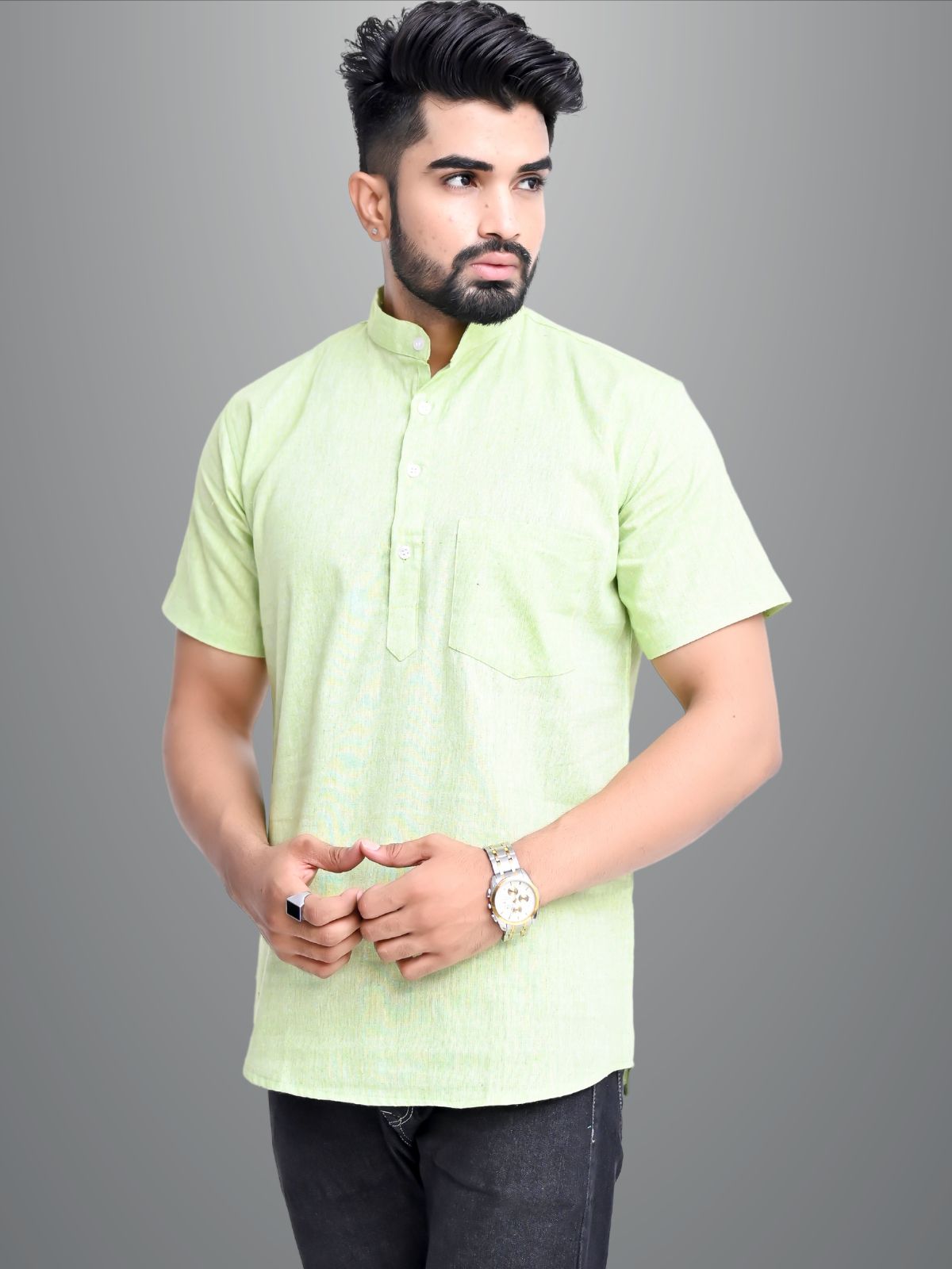     			QuaClo - Light Green Cotton Blend Men's Shirt Style Kurta ( Pack of 1 )