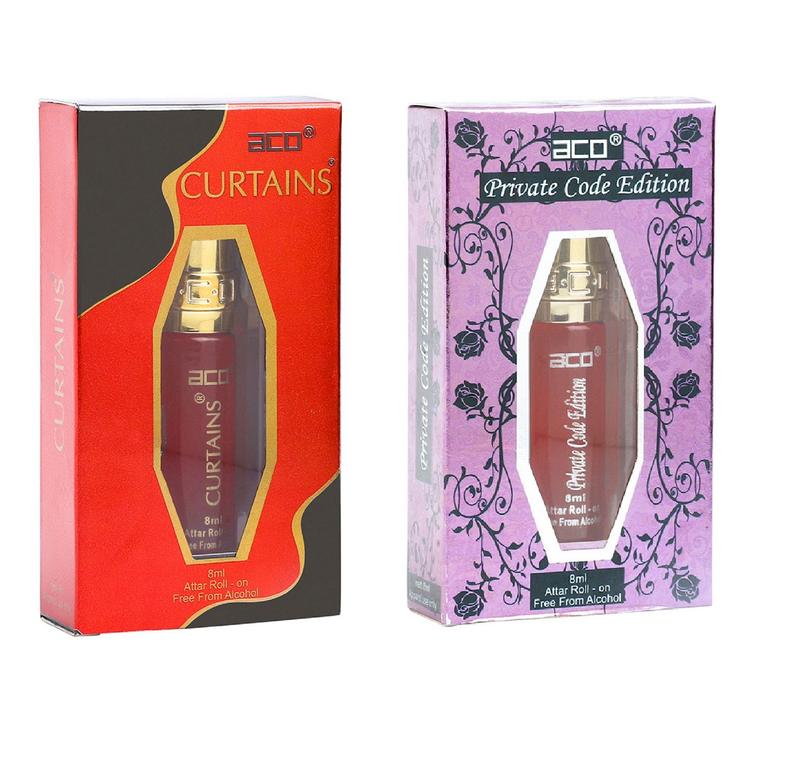     			aco perfumes PRIVATE CODE EDITION & CURTAINS Concentrated  Attar Roll On 8ml COMBO SET