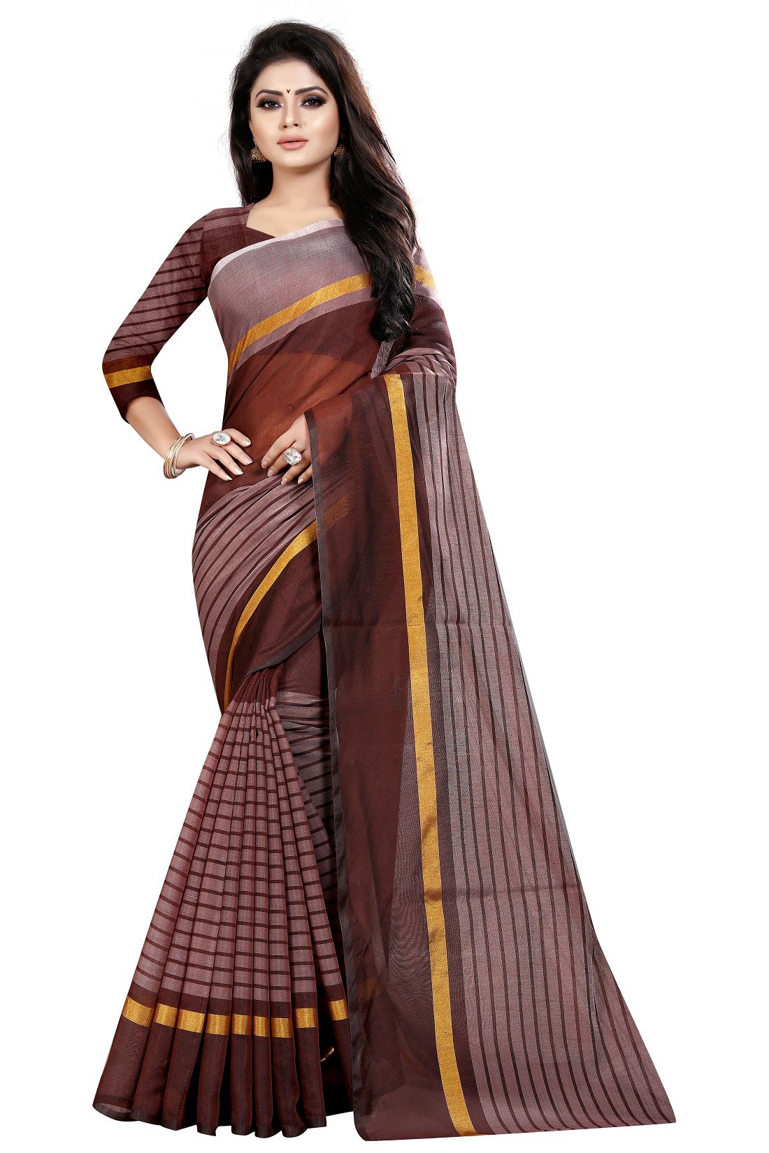     			Apnisha - Coffee Cotton Saree With Blouse Piece ( Pack of 1 )