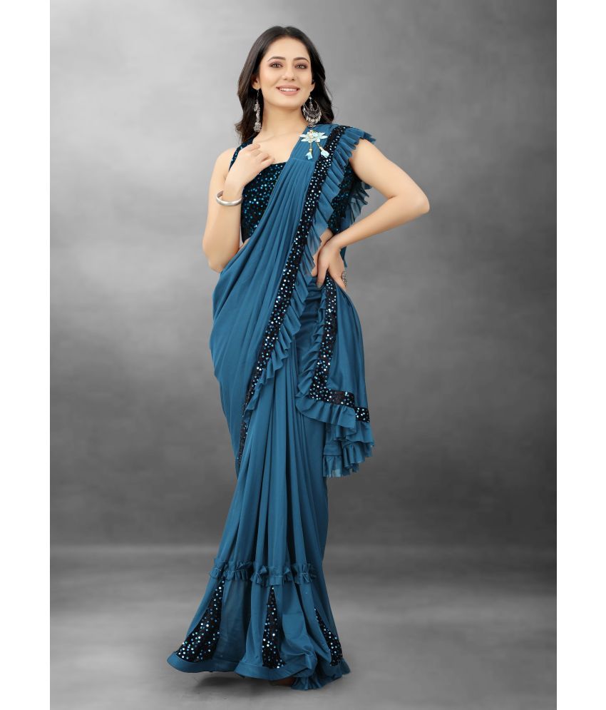     			Apnisha - Teal Satin Saree With Blouse Piece ( Pack of 1 )