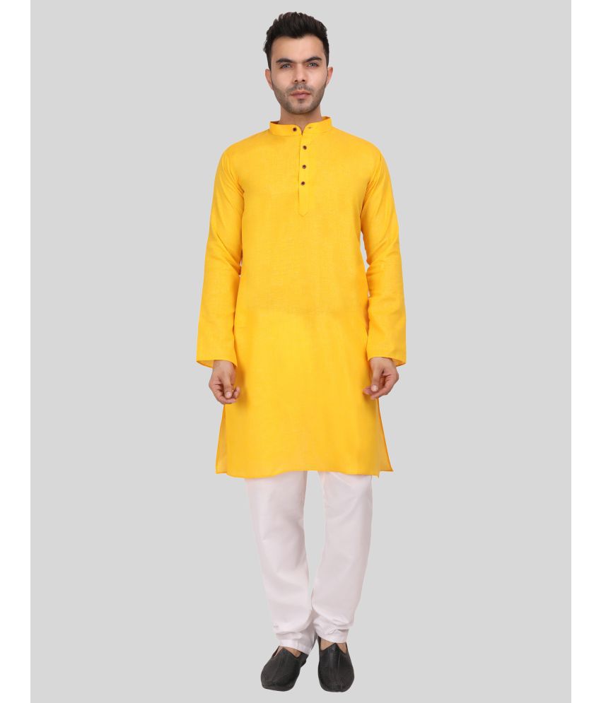     			Digimart - Yellow Cotton Blend Regular Fit Men's Kurta Pyjama Set ( Pack of 1 )