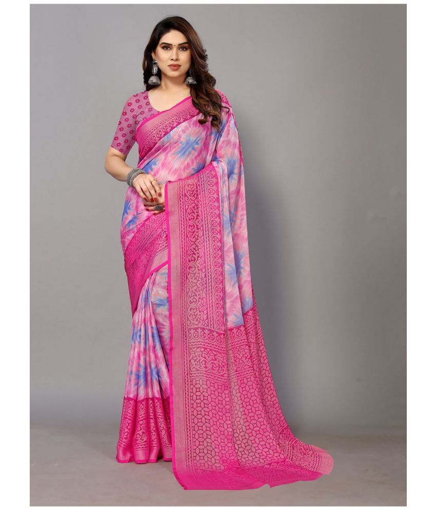     			FABMORA - Fluorescent Pink Brasso Saree With Blouse Piece ( Pack of 1 )