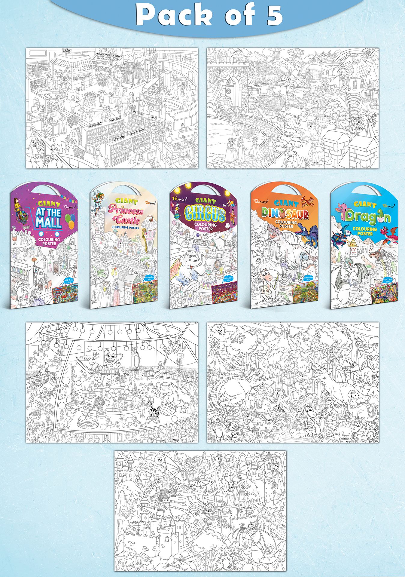     			GIANT AT THE MALL COLOURING POSTER, GIANT PRINCESS CASTLE COLOURING POSTER, GIANT CIRCUS COLOURING POSTER, GIANT DINOSAUR COLOURING POSTER and GIANT DRAGON COLOURING POSTER | Set of 5 Posters I kids value gift pack