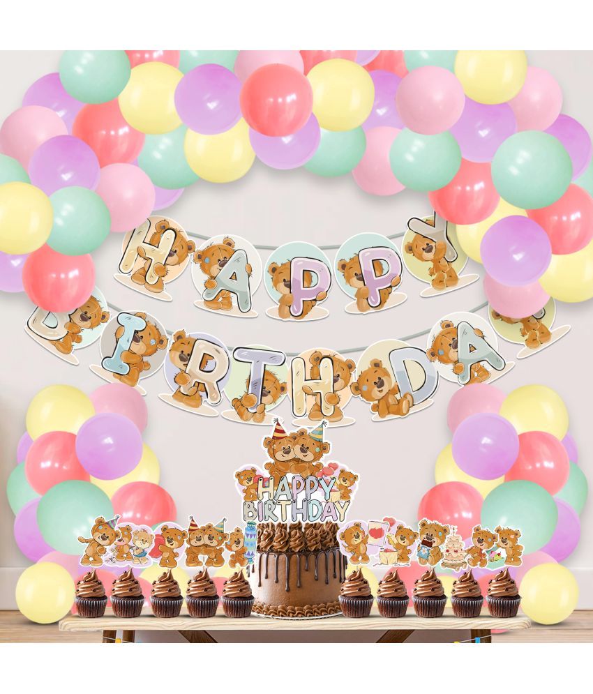     			Zyozi 37 pcs Teddy Party Decorations, Birthday Party Supplies For Party Supplies Includes Happy Birthday Banner, CakeTopper, Cupcake Toppers, Balloons for Kids Family Birthday Party Supplies