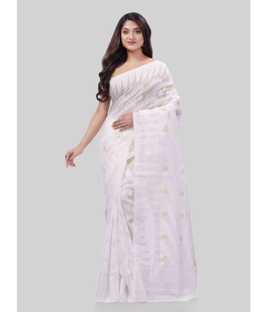     			Desh Bidesh - White Cotton Saree Without Blouse Piece ( Pack of 1 )