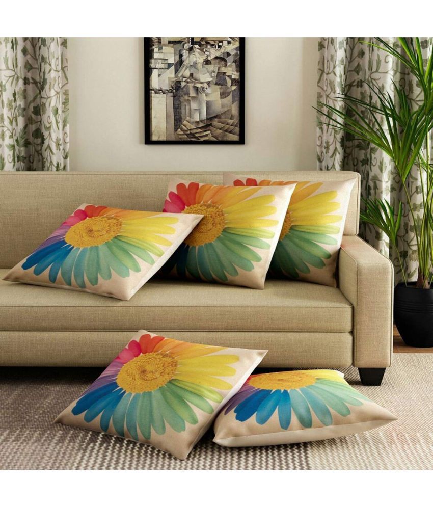     			Koli collections Set of 5 Jute Floral Printed Square Cushion Cover (40X40)cm - Beige