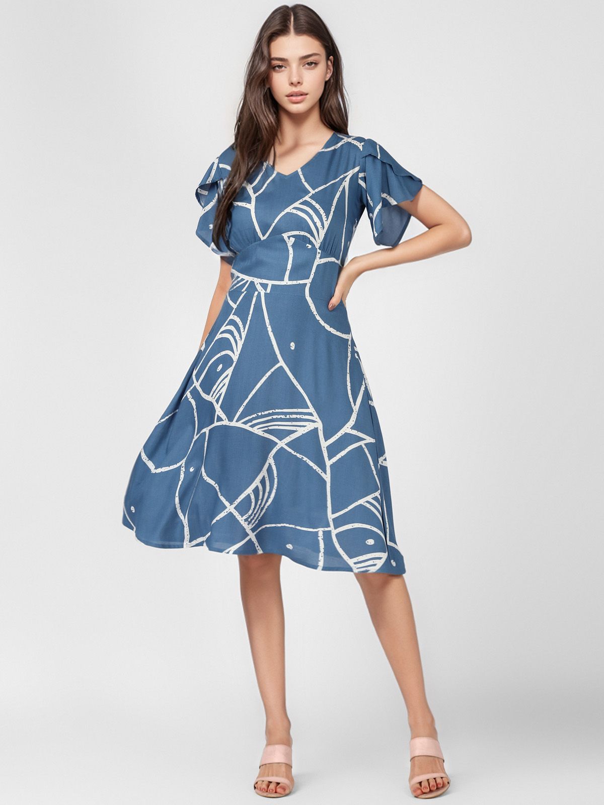     			UrbanMark Women Printed Fit & Flare Knee length Dress with Flared Sleeves - Blue