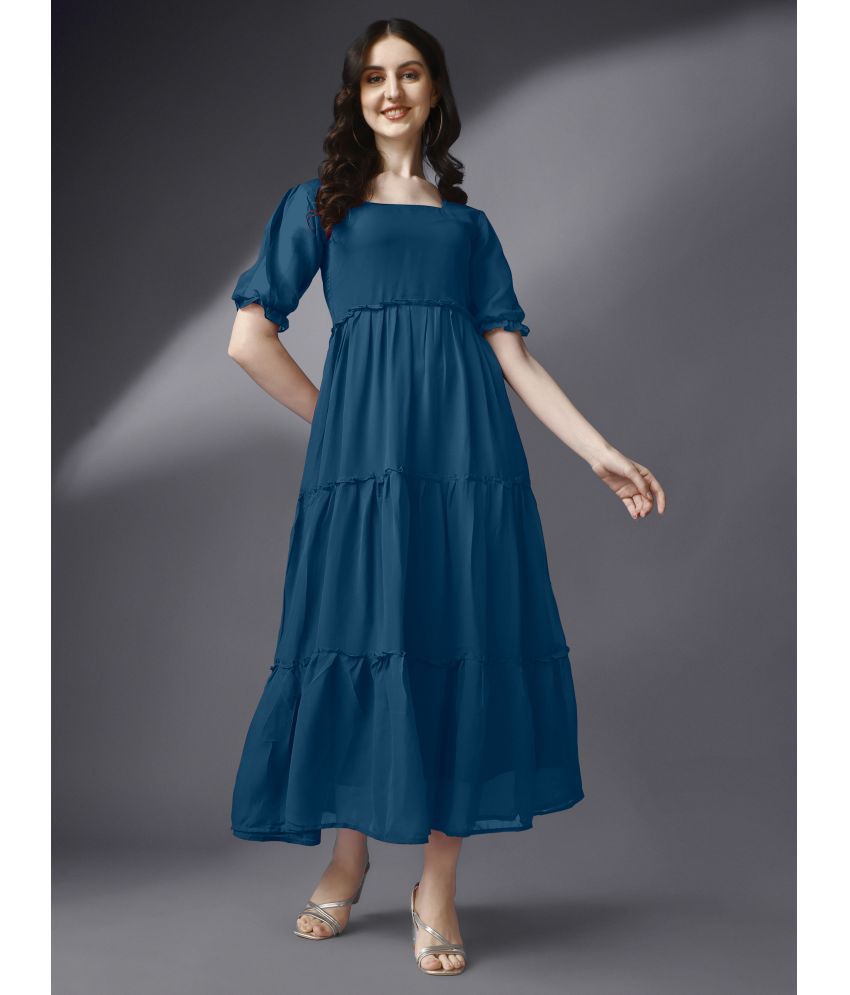     			Femvy - Blue Georgette Women's Fit & Flare Dress ( Pack of 1 )