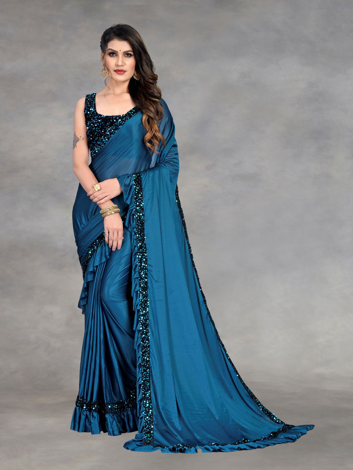     			JULEE - SkyBlue Lycra Saree With Blouse Piece ( Pack of 1 )