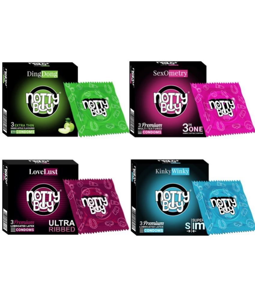     			NottyBoy 3-In-One, Dotted, Ultra Ribbed, Contoured, Extra Thin Flavoured Condoms - 12 Units