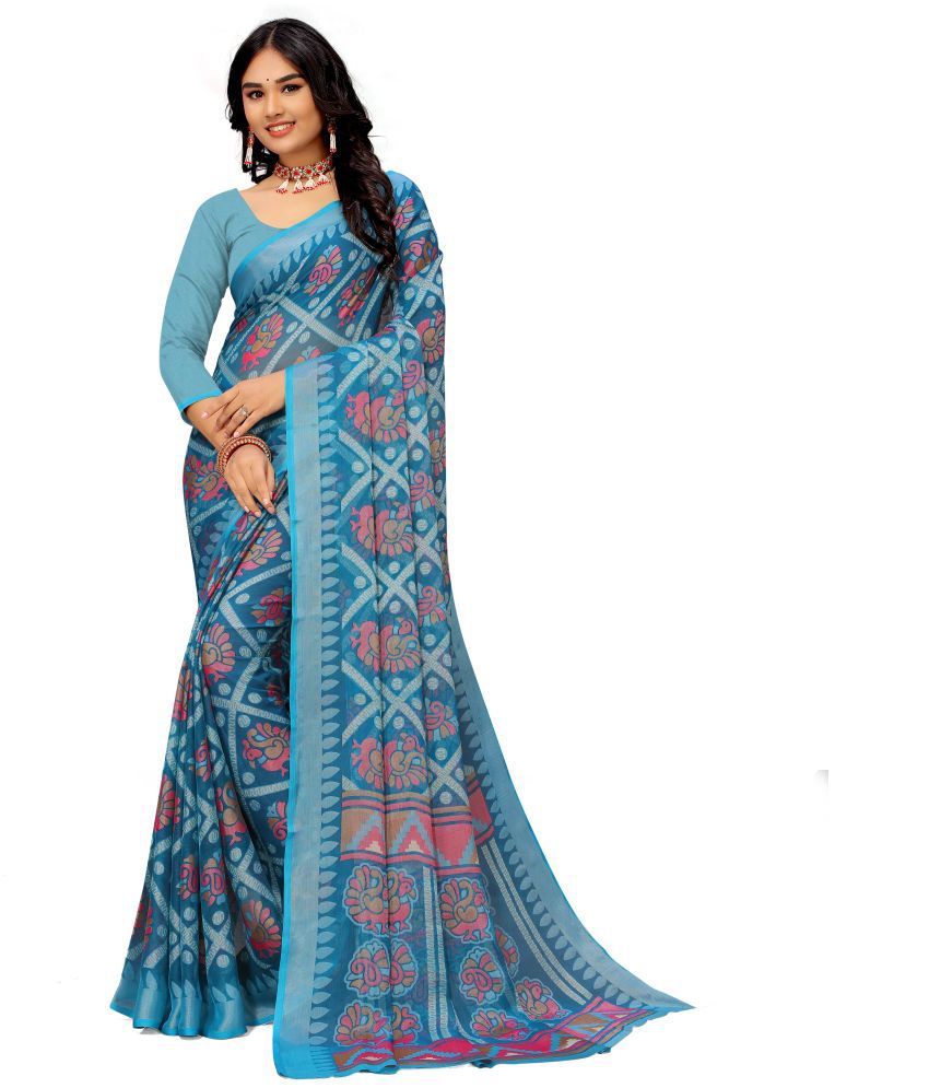     			Sitanjali Lifestyle - SkyBlue Brasso Saree With Blouse Piece ( Pack of 1 )
