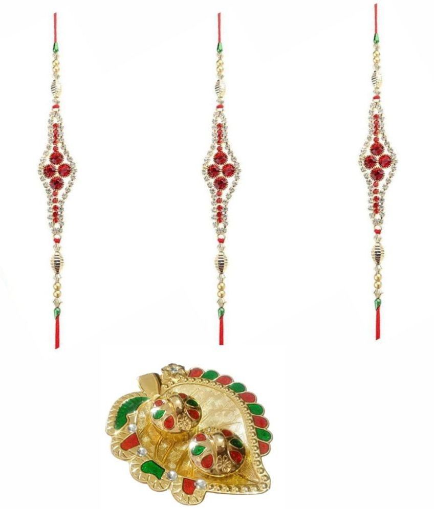     			Gift N Shift India Rakhi Set Silver Rakhi for Brother Roli kukum chawal Puja Plate Pack of 3