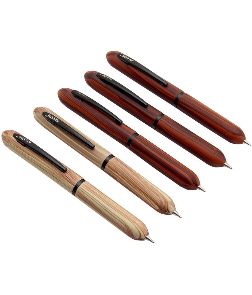     			Srpc Set Of 5 Mini Wood Texture BallPoint Pens Metal Body Blue Refill